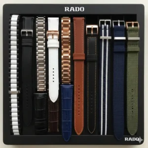 A display showing various types of rado watch band replacement options.