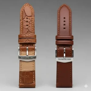 A side-by-side comparison showing an old, worn-out strap next to a new, pristine Raymond Weil watch strap replacement, illustrating the dramatic improvement in appearance.