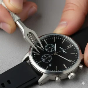A person using a spring bar tool to carefully remove an mvmt watch strap replacement from its lug.