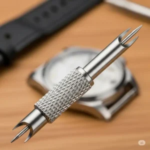 A close-up of a spring bar tool, a key component of any watch band replacement tool set.