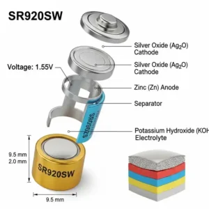 A technical diagram for a watch battery replacement sr920sw, showing the dimensions and specifications of the SR920SW model.