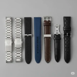 An arrangement of different types of tag heuer watch band replacement, including steel bracelets, rubber straps, and leather bands, displayed side by side to show the variety of options available for a new strap.