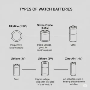 An illustration of common watch battery types, such as silver oxide and lithium, to help understand the factors influencing watch battery replacement cost.