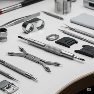 Close-up of essential watch repair tools laid out on a clean workbench, including a precision screwdriver and a spring bar tool, needed to replace a Hublot watch bands replacement.
