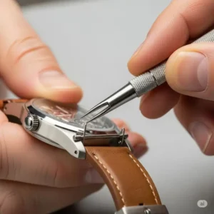 Using a spring bar tool for a watch band pin replacement.