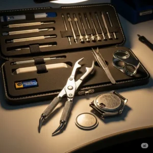 A basic watch repair kit with a case opener, essential for replacement for watch battery lr1121.