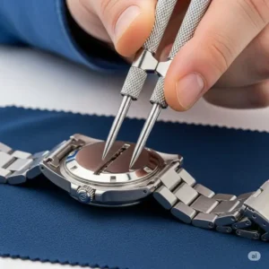 A hand using a watch case opener tool to carefully pry open the back of a wristwatch, part of a battery watch replacement kit.