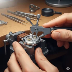 Using a specialized three-point case opener, one of the essential watch battery replacement tools, to unscrew a watch back.