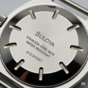 A detailed image of the back case of a Bulova watch, showing the indentations where a tool is inserted, a factor that can influence the Bulova watch battery replacement cost.