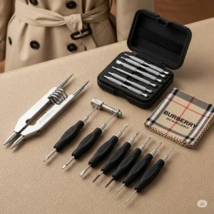 A specialized tool kit for Burberry watch band replacement, with a spring bar tool and screwdrivers.