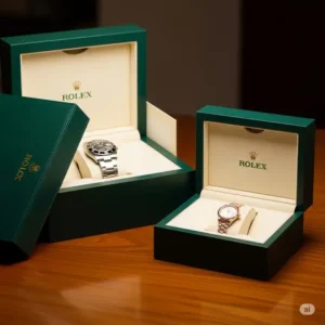Two luxurious Rolex boxes, hinting at the exciting unboxing experience of his and hers Rolex watches, ready to be admired.