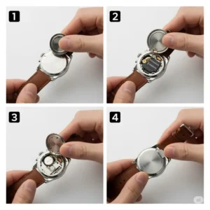 A step-by-step illustration showing how to safely open the back of a watch case for a watch battery 371 replacement.