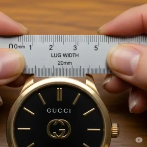 A close-up shot of a ruler measuring the lug width of a Gucci watch face, a key step for a successful Gucci watch band replacement.