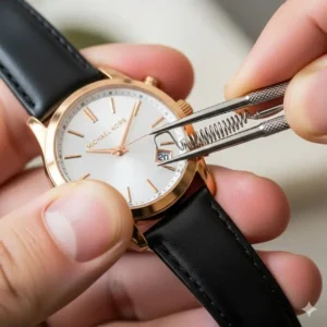 An image demonstrating the proper technique for Michael Kors watch strap replacement by removing the strap using a spring bar tool to press the pins.