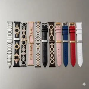 An array of various Michele watch band replacement options laid out, showing different materials, colors, and designs available for replacement.

