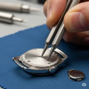 A close-up shot of a watch case opener being used to carefully pry open the back of a watch to access the old battery, which is a replacement for watch battery lr1121.