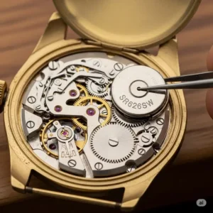 A detailed shot of the open back of a wristwatch, showing the inner mechanism and the old battery being removed, which is a key part of the **price for watch battery replacement** service.