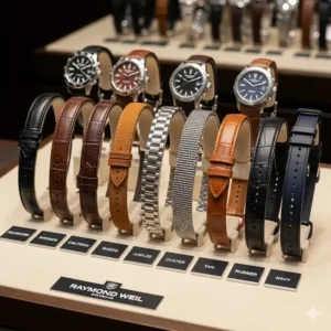 A display of various genuine material options for Raymond Weil watch strap replacement, including classic leather, modern steel, and durable rubber, to help customers choose the right material.