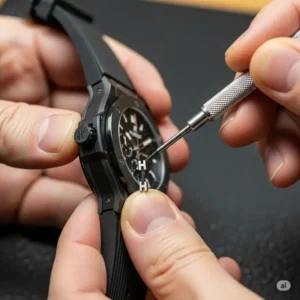 A pair of hands using a small screwdriver to carefully unscrew the H-shaped screws that secure the original strap to the Hublot watch bands replacement.