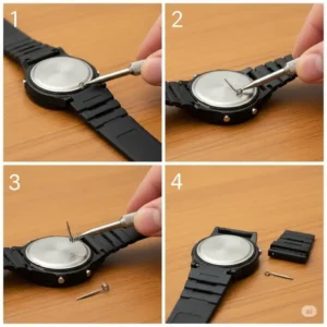 A step-by-step image demonstrating the casio watch strap replacement process by removing the old strap.