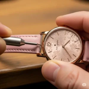 A close-up shot of a hand using a spring bar tool to carefully remove the original band from a Kate Spade watch face, an essential step in a kate spade watch band replacement.