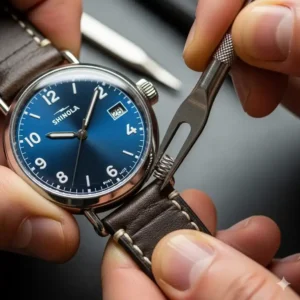 A person using a spring bar tool to carefully remove the old strap from a Shinola watch, demonstrating the first step in Shinola watch strap replacement.

