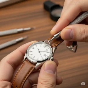 A person using a watch band replacement tool to carefully remove the old strap from a watch case.