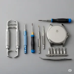 A set of essential tools for tag heuer watch band replacement, such as spring bar tools and screwdrivers, laid out next to a Tag Heuer watch case to illustrate the necessary equipment.