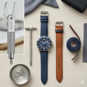 Essential tools for changing a Nautica watch strap replacement, including a spring bar tool and a new strap.