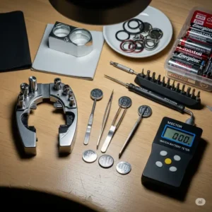 "Essential tools for watch battery replacement, such as case back openers and precision tweezers, used by professionals to efficiently manage wrist watch battery replacement cost."
