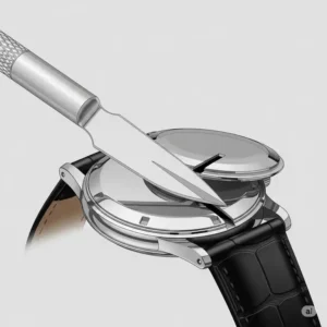 A pry-style opener, from a set of watch battery replacement tools, being used to pop off a snap-on case back.