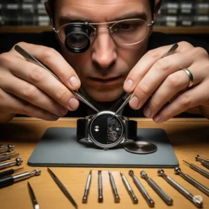 A skilled watchmaker using specialized tools to carefully replace a battery inside a Movado watch for movado watch battery replacement price.