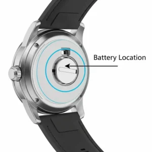 A graphic highlighting the location of a watch battery, typically under the case back, which is relevant to the process of a watch battery replacement. Understanding this can help you better appreciate the watch battery replacement cost.