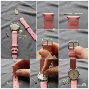 A step-by-step image showing how to attach a new Kate Spade watch band to the watch lugs with a spring bar, a key part of the kate spade watch band replacement process.