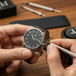 Close-up shot of a person carefully performing a rado watch band replacement.