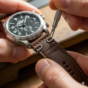 Attaching a new Shinola leather watch strap to the watch case, demonstrating the correct method for Shinola watch strap replacement.