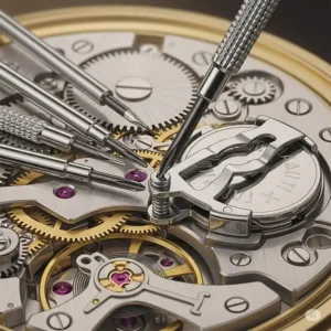 Precision screwdrivers from the watch battery replacement tools kit are used to remove a battery clamp.