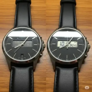 "Before and after comparison of a wrist watch, demonstrating how a simple battery replacement can bring a dead watch back to life, impacting the final wrist watch battery replacement cost."