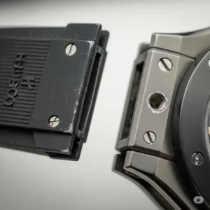 An image showing the old, worn Hublot rubber watch bands replacement detached from the watch case, revealing the lug and screw hole.