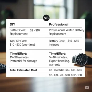 A comparison table showing the pros, cons, and typical costs for a DIY watch battery replacement versus having it done by a professional, which directly impacts the watch battery replacement cost.