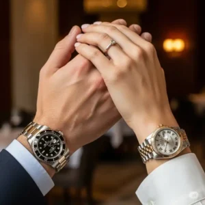 A man's hand with a sophisticated Rolex and a woman's hand with a graceful Rolex, subtly touching, illustrating the unity of his and hers Rolex watches.