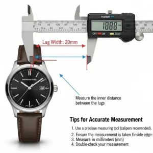 A clear diagram showing how to accurately measure the lug width of a Raymond Weil watch to ensure the correct size for a new Raymond Weil watch strap replacement.

