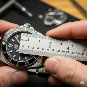An image showing a person using a ruler to accurately measure the lug width of a Tag Heuer watch, demonstrating how to determine the correct size for a tag heuer watch band replacement.