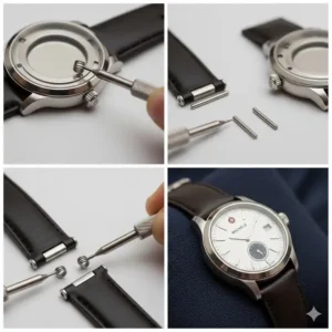 A step-by-step image illustrating the process of Michele watch band replacement, from detaching the old one to attaching the new band.