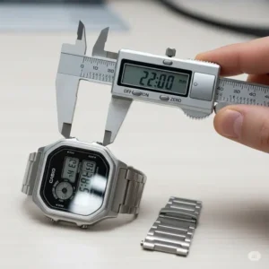 A photo showing how to measure lug width for a casio watch strap replacement.