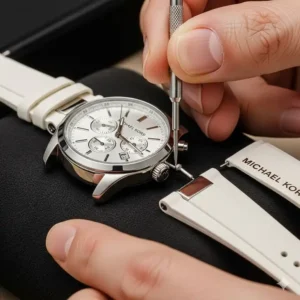 A step-by-step photo showing how to carefully insert a new Michael Kors watch strap replacement into the watch case.