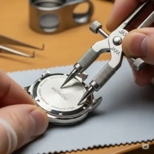 A watch case opener tool being used to gently open the back of a Movado watch for movado watch battery replacement price.