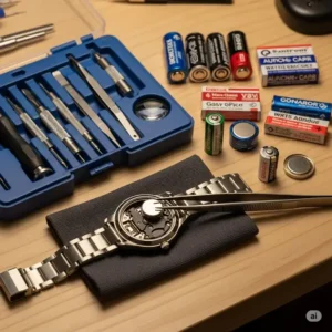 A home watch repair kit with a small tool set and a selection of batteries, highlighting the DIY option versus the professional **price for watch battery replacement**.
