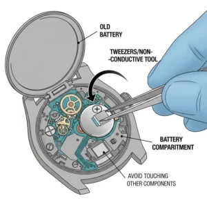 A diagram showing how to safely remove the old LR1121 battery from the watch compartment using a small tool or tweezers to make way for the new replacement for watch battery lr1121.