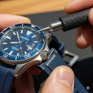 Using a spring bar tool to carefully remove the old strap from a Nautica watch strap replacement.